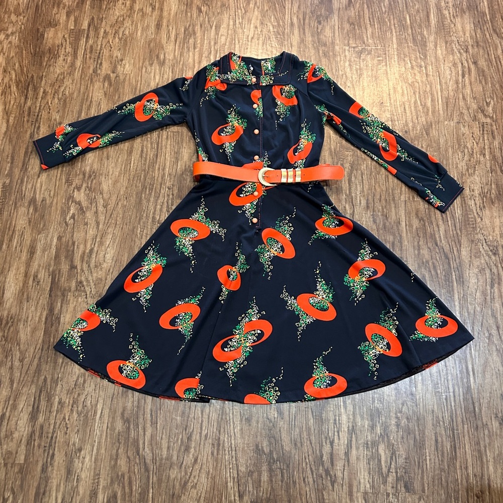 Vintage Liz Claiborne Navy and Orange Midi Dress
